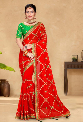 jayant creation Embroidered Bollywood Georgette Saree(Red)