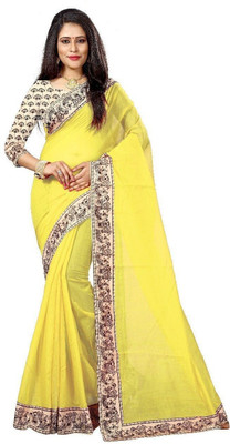 ROOP SUNDARI SAREES Dyed, Solid/Plain Chanderi Cotton Blend Saree(Yellow)