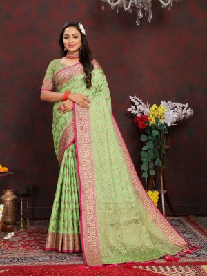 Zeekha Woven Kanjivaram Silk Blend Saree(Pack of 10, Light Green)