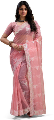Vraj Textile Embroidered Bollywood Organza Saree(Silver)