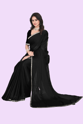 K D F Solid/Plain Bollywood Georgette Saree(Black)