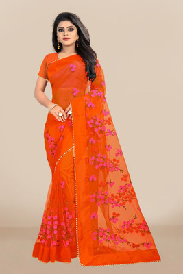 swara fashion Embroidered Bollywood Net Saree(Orange)