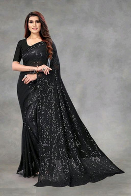 ALAMPAR Solid/Plain Bollywood Georgette Saree(Black)