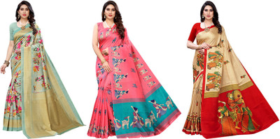 YASHIKA Printed Kalamkari Art Silk Saree(Pack of 3, Light Green, Pink, Beige)