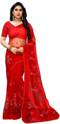 KANJIVARAM STYLE Embroidered Bollywood Net Saree(Red)