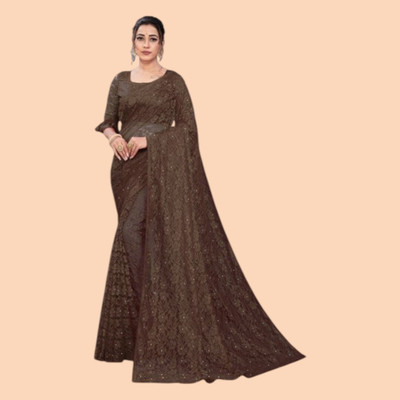 nexxxa Self Design Bollywood Net Saree(Brown)