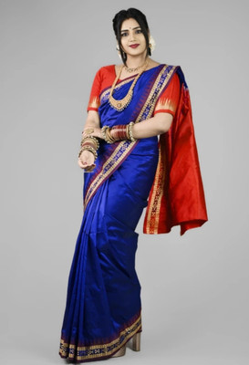 Afronza Temple Border, Solid/Plain, Dyed Sambalpuri Pure Silk, Cotton Blend Saree(Dark Blue)