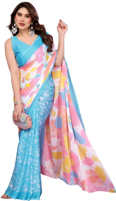 sadika Color Block Daily Wear Chiffon, Silk Blend Saree(Light Blue)