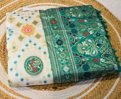 VaIdehi Woven, Floral Print, Geometric Print, Printed, Embellished Bollywood Cotton Blend Saree(White)