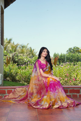 KOTHARI BS Solid/Plain Bandhani Organza Saree(Pink)