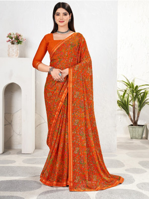 Divastri Floral Print Bollywood Chiffon Saree(Orange)