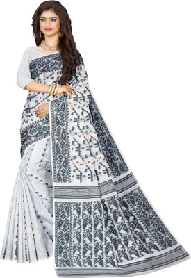 Mayabi Woven Jamdani Cotton Silk Saree(White, Black)