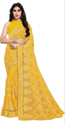 GALANI ENTERPRISE Embroidered Bollywood Net Saree(Yellow)