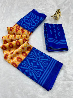FULIYA SILK Printed, Geometric Print, Checkered, Temple Border, Woven Ikkat Linen Saree(Mustard, Blue)