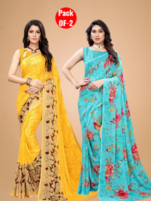 Falessa Floral Print Bollywood Georgette Saree(Pack of 2, Yellow, Light Blue)