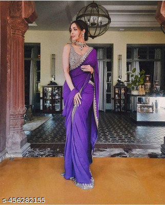 zili Solid/Plain Banarasi Georgette Saree(Purple)