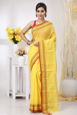DipDiya Solid/Plain, Embroidered Handloom Cotton Blend Saree(Yellow)
