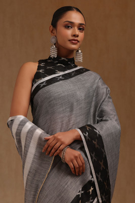 soch Solid/Plain Saree with Attached Blouse Linen Saree(Grey)