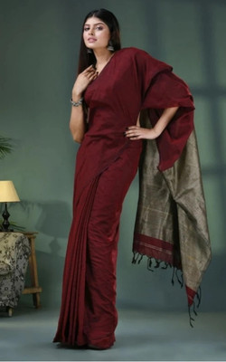PURNIMA BOUTIQUE Solid/Plain Handloom Cotton Blend Saree(Maroon)