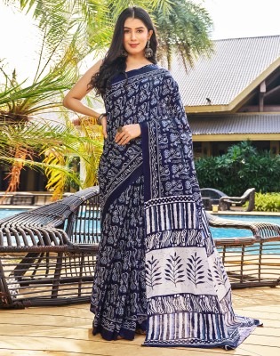 Samah Geometric Print, Printed Ikkat Pure Cotton Saree(Dark Blue, White)