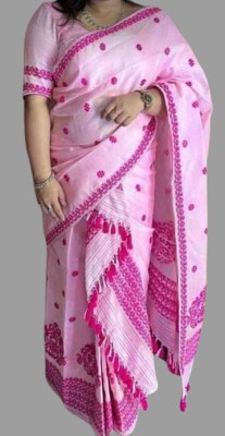 Divine Fabrics Woven Mekhela Chador Cotton Blend Saree(Pink)
