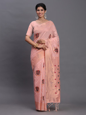 Tasrika Woven Banarasi Cotton Linen Saree(Pink)