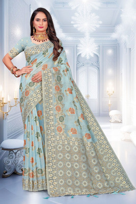NANDKUMAR TRENDS PVT LTD Woven, Self Design Banarasi Cotton Linen Saree(Light Blue)