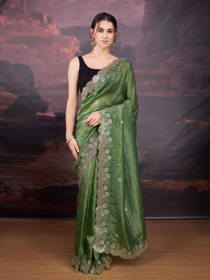 House of Pataudi Embellished Daily Wear Art Silk Saree(Green)