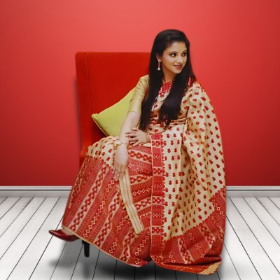 kamdar Woven Mekhela Chador Polyester, Silk Blend Saree(Beige, Red)