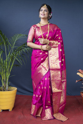 LEAFSY Woven Banarasi Jacquard Saree(Pink)