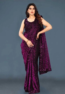 Rarebeauty Floral Print Bollywood Lycra Blend Saree(Purple)