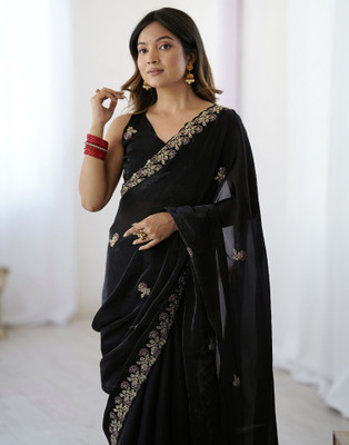Satrani Embellished, Embroidered Bollywood Jimmy choo, Tissue Saree(Black)