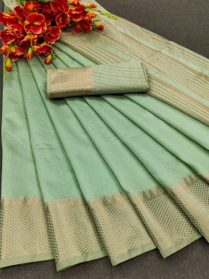 VRIYUDI Woven, Self Design, Striped Assam Silk Cotton Silk, Pure Cotton Saree(Light Green)