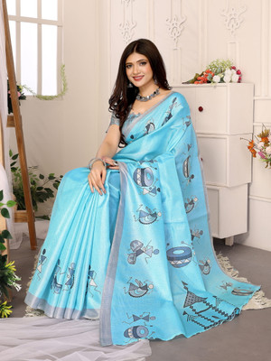 YASHIKA Printed Kalamkari Silk Blend, Art Silk Saree(Blue)