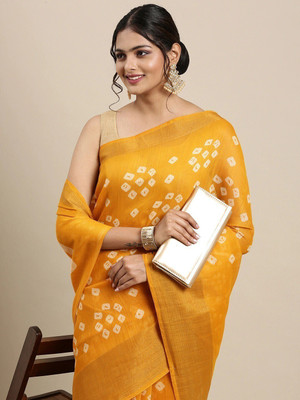 Fabwomen Printed Bandhani Cotton Silk Saree(Yellow)