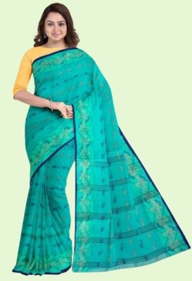 maa textile Printed Tant Pure Cotton Saree(Green, Multicolor)