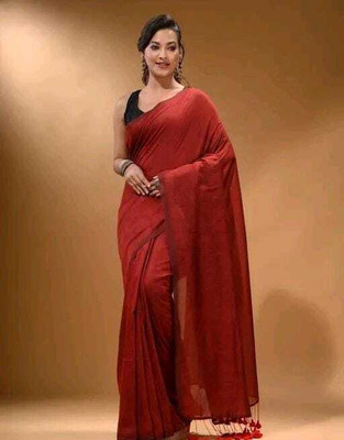 Maku Solid/Plain Tant Pure Cotton Saree(Maroon)