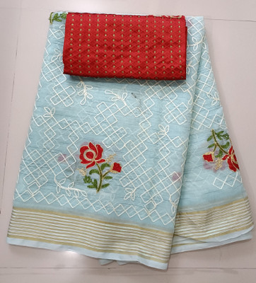 TRIPZIRA Embroidered Chanderi Cotton Linen Saree(Light Blue)
