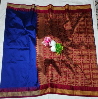 LYANNA Solid/Plain, Temple Border Sambalpuri Handloom Art Silk Saree(Dark Blue)