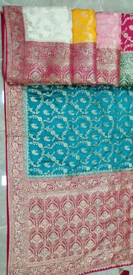 ahana creation Embroidered Banarasi Satin Saree(Blue, Maroon)