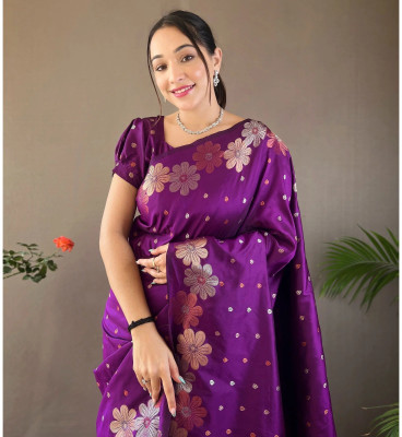 KM CREATION Self Design Banarasi Art Silk Saree(Purple)