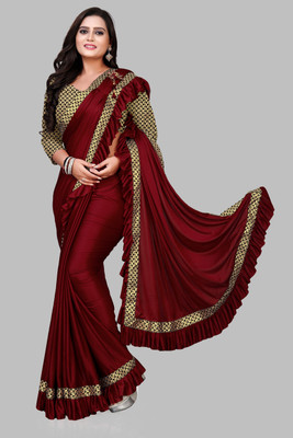 fentik.com Solid/Plain Bollywood Lycra Blend Saree(Maroon)