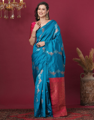 Samah Woven, Embellished, Self Design Banarasi Silk Blend, Jacquard Saree(Blue, Pink, Purple)