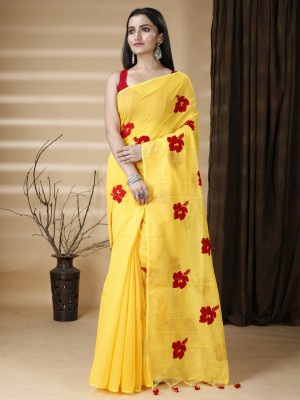 Ruuprekha Embroidered Bollywood Cotton Blend Saree(Yellow)