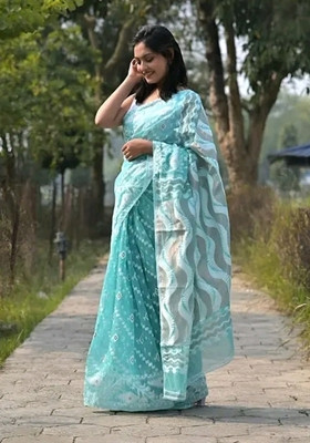 Kumaresh Creation Color Block Jamdani Cotton Silk Saree(Light Blue)