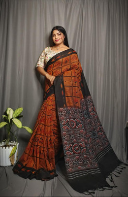Dixon Printed, Self Design Sambalpuri Pure Cotton Saree(Orange, Black)