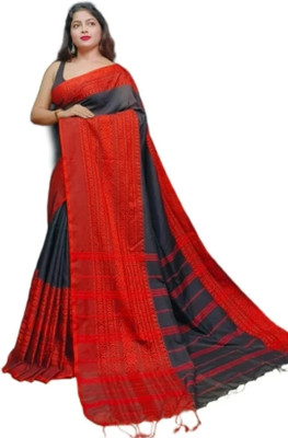 SABITA CUSTOMERY Embellished Handloom Cotton Blend Saree(Red, Black)