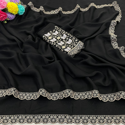 JIVI CLOTHING Self Design, Solid/Plain, Embroidered Bollywood Chiffon Saree(Black)