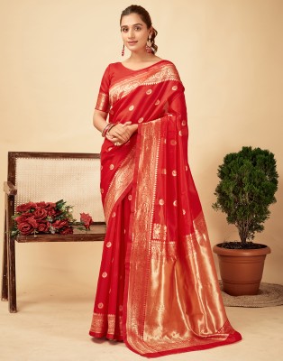 Samah Dyed, Woven, Embellished Banarasi Silk Blend Saree(Red, Gold)