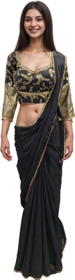 NANCY DESIGNER Solid/Plain Bollywood Silk Blend Saree(Black)